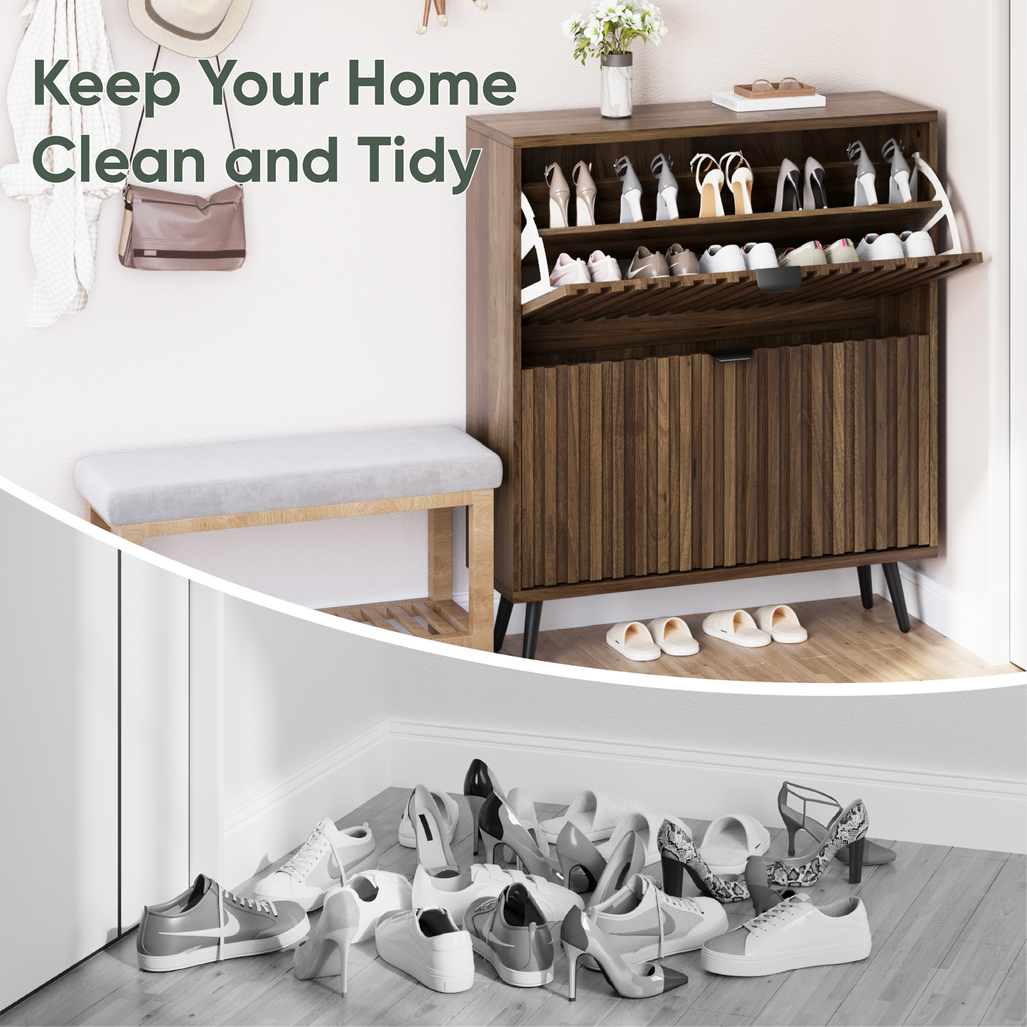 Semiocthome Shoe Cabinet with 2 Fluted Flip Drawers Freestanding Shoe Organizer for Entryway, Walnut