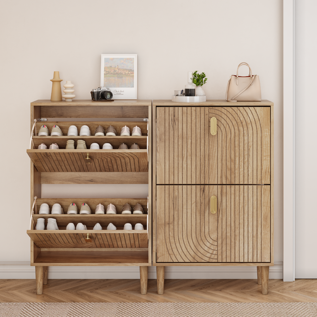 Semiocthome 23.6" Shoe Storage Cabinet with 2 Flip Drawers and Line Groove Design, Entryway, Natural