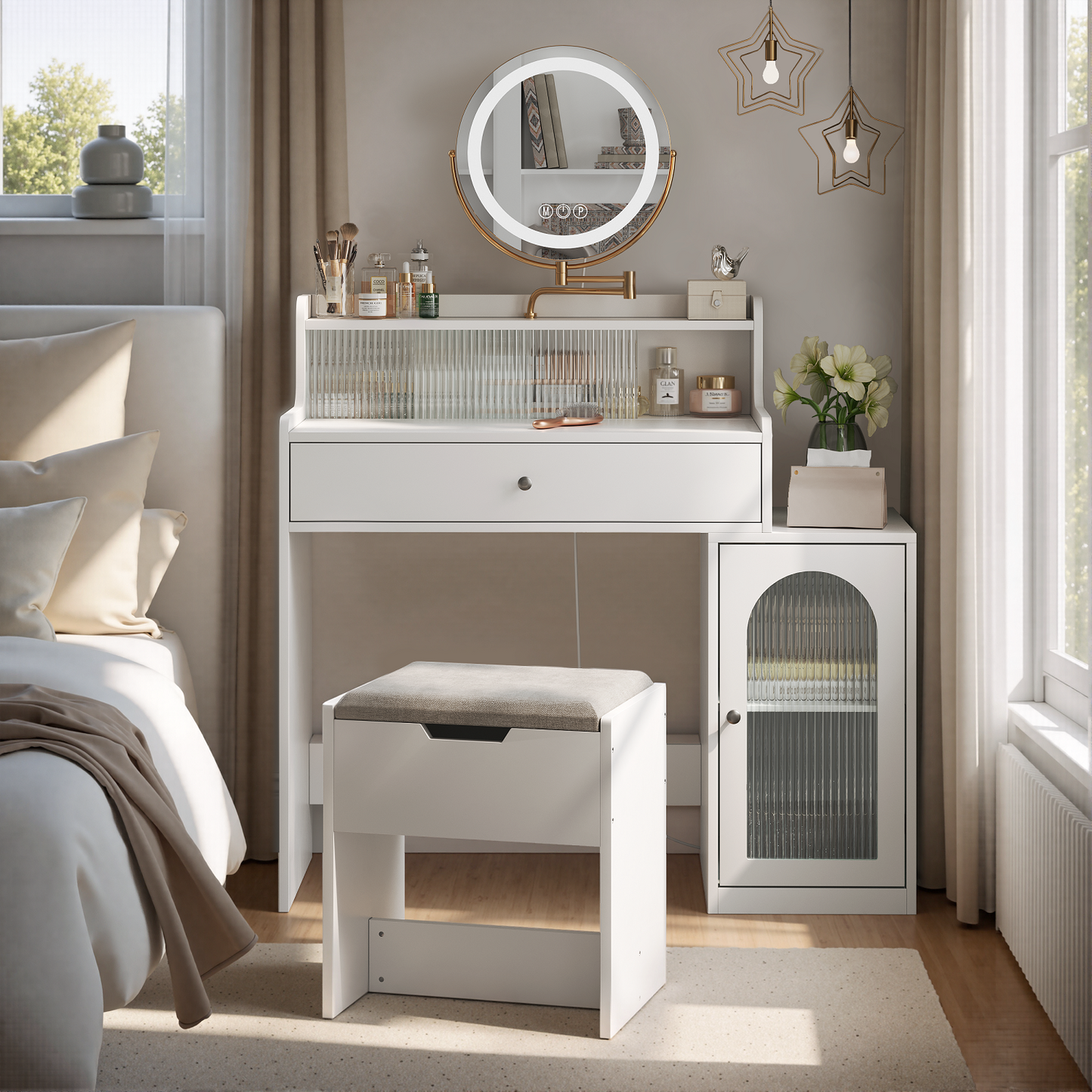 Smuxee White Vanity Set with Mirror and Lights,Makeup Vanity with Drawer and Glass Cabinet