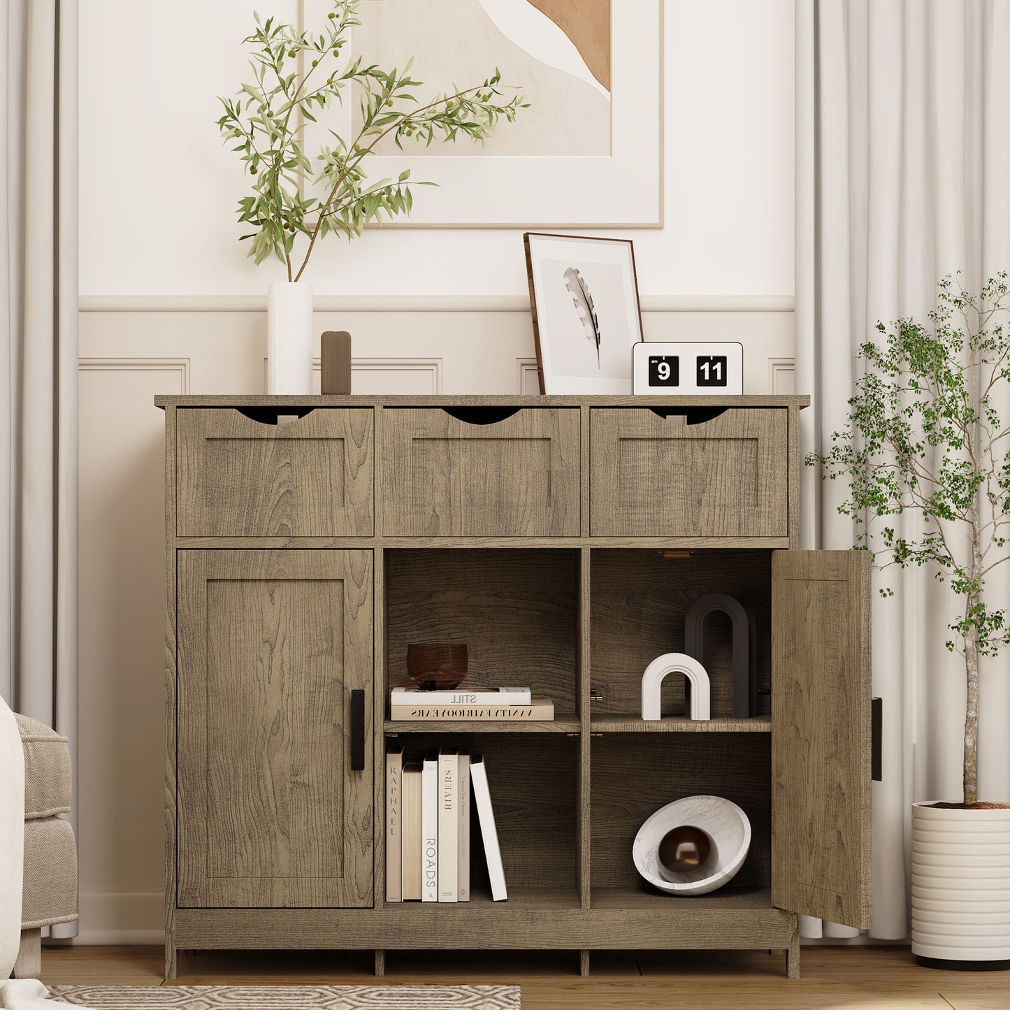 Smuxee Modern Storage Cabinets with 3 Drawer and Shelves,Living Room Kitchen Buffet Cabinet