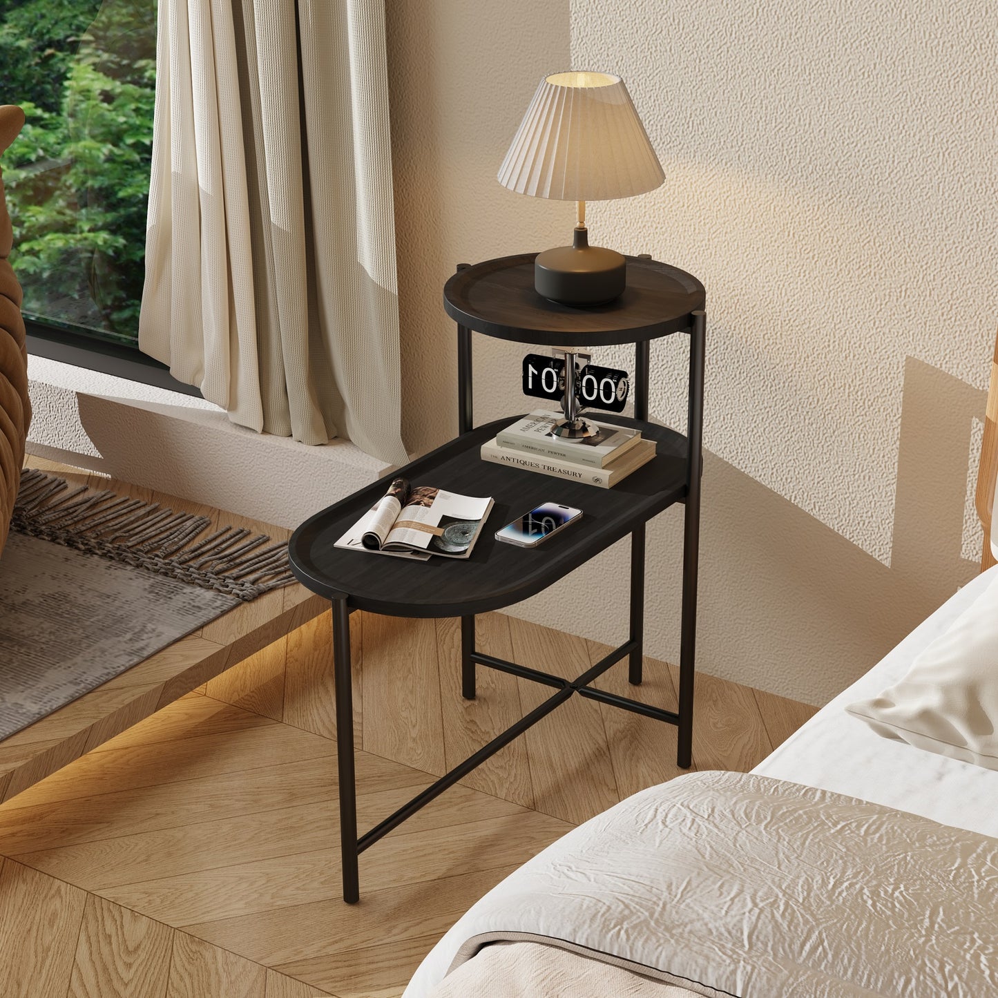 Algherohein 2 Tier Oval End Table for Living Room,Indoor Small Tray Table Side Table