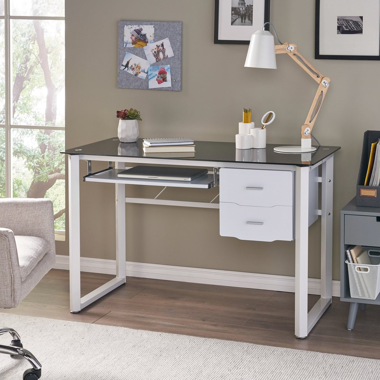 Algherohein Simple Computer Desk for Small Area with Keyboard Tray and 2 Drawers