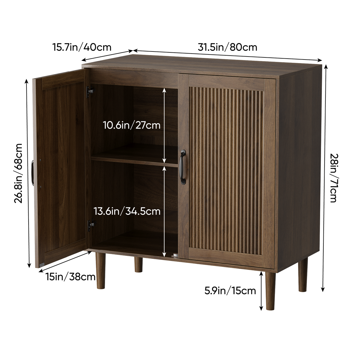 Smuxee Fluted Sideboard Storage Cabinet, Freestanding Mid-Century Modern Reeded Double Door Accent Cabinet
