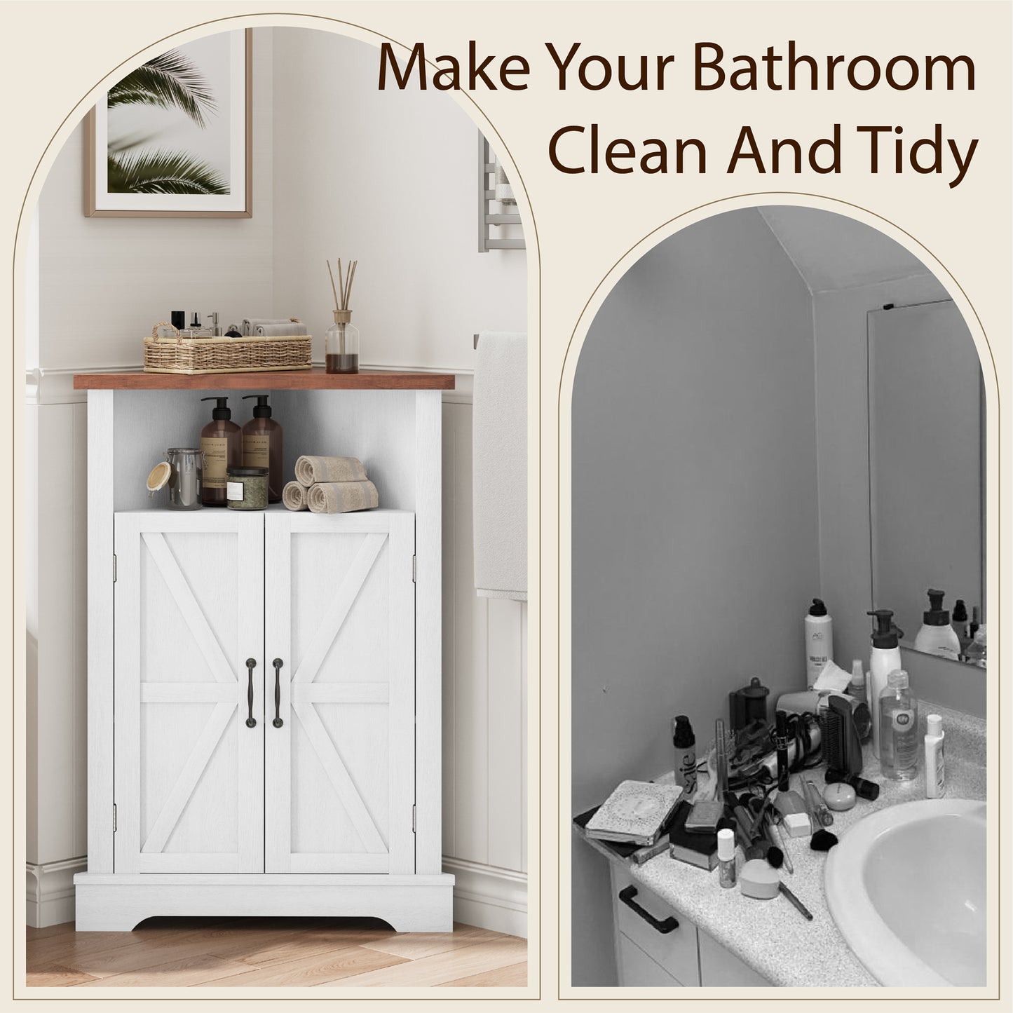 Semiocthome Farmhouse Bathroom Cabinet Corner Storage Cabinet, Barn Doors,Adjustable Shelves, White