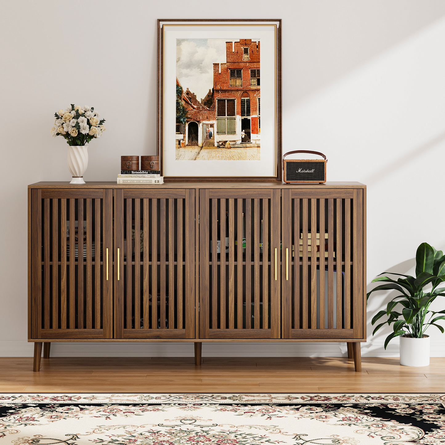 Algherohein Modern Sideboard and Buffets with 1 Storage Shelf,Entryway Fluted Cabinet with Doors