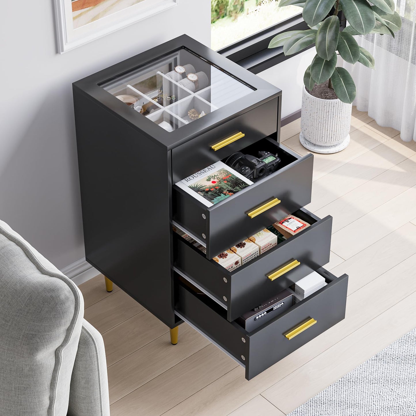 Smart FENDEE Dresser Chest of 4 Drawer with Velvet Dividing Lattice Storage Cabinet, Bedroom