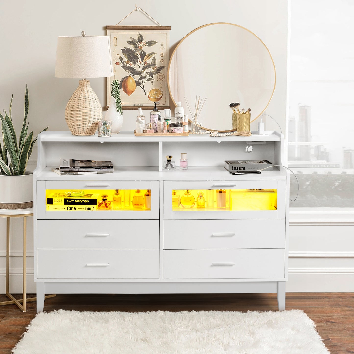 Smart FENDEE 6 Drawer Dresser with LED Lights and Tempered Glass Storage Cabinet,Home