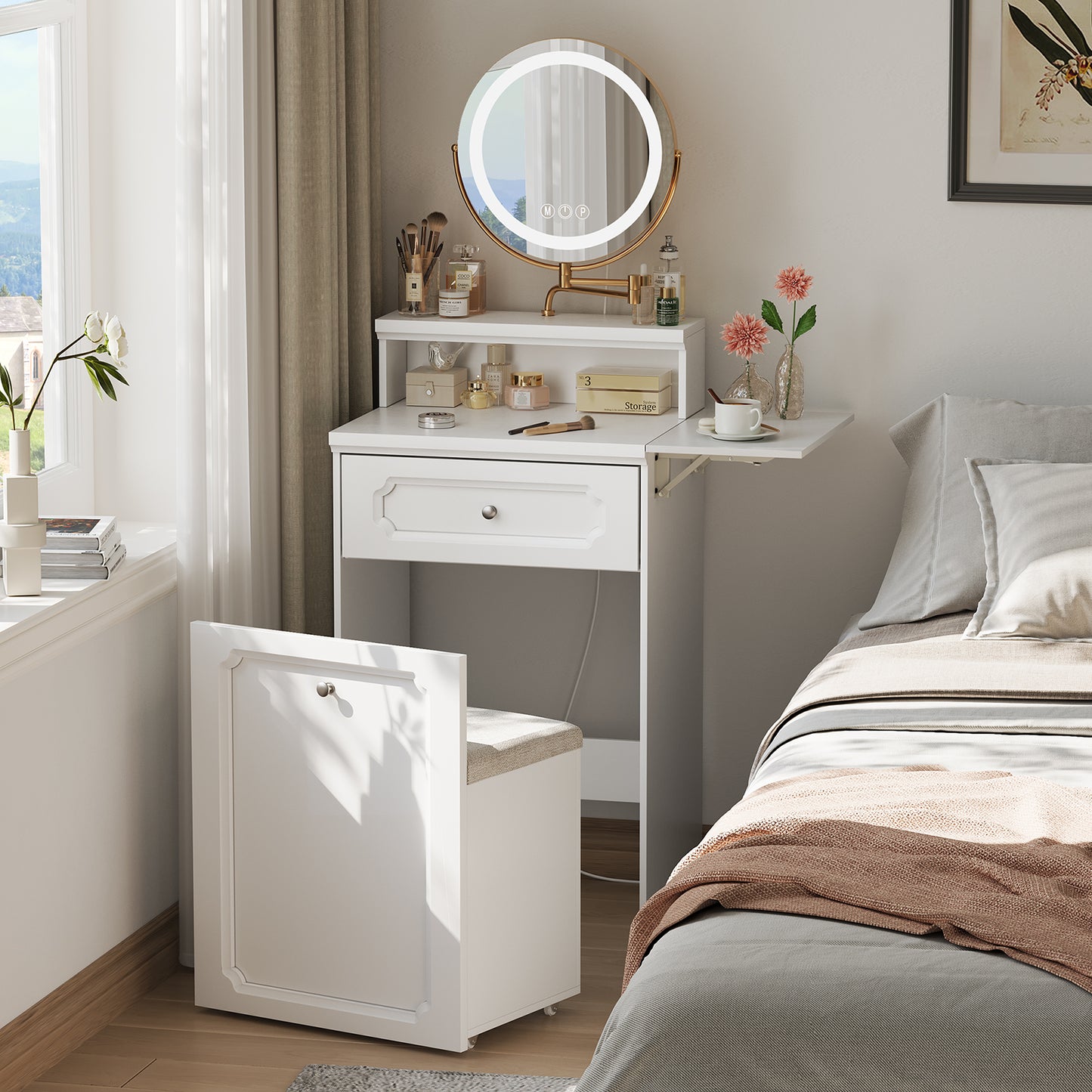 Semiocthome Makeup Vanity with 360° Rotated Mirror Lights, Storage Stool with Wheels