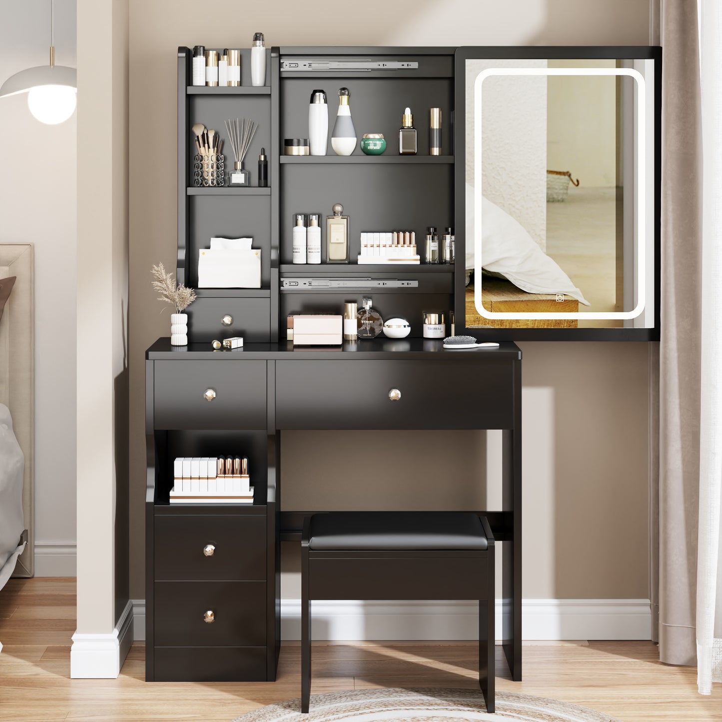 Semiocthome Modern Vanity Set with Mirror, Power Station, Hair Dryer Bracket,