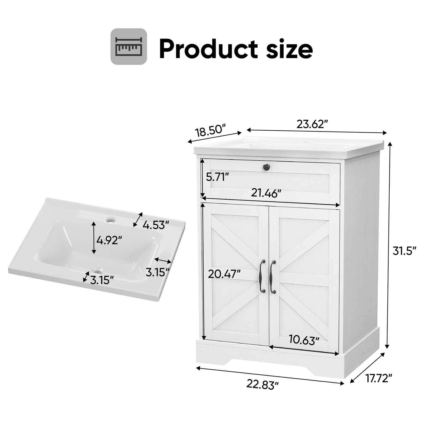 24" Bathroom Vanity with Ceramic Sink, Freestanding Bathroom Storage Cabinet with Barn Door and Flip-Down Drawer, White