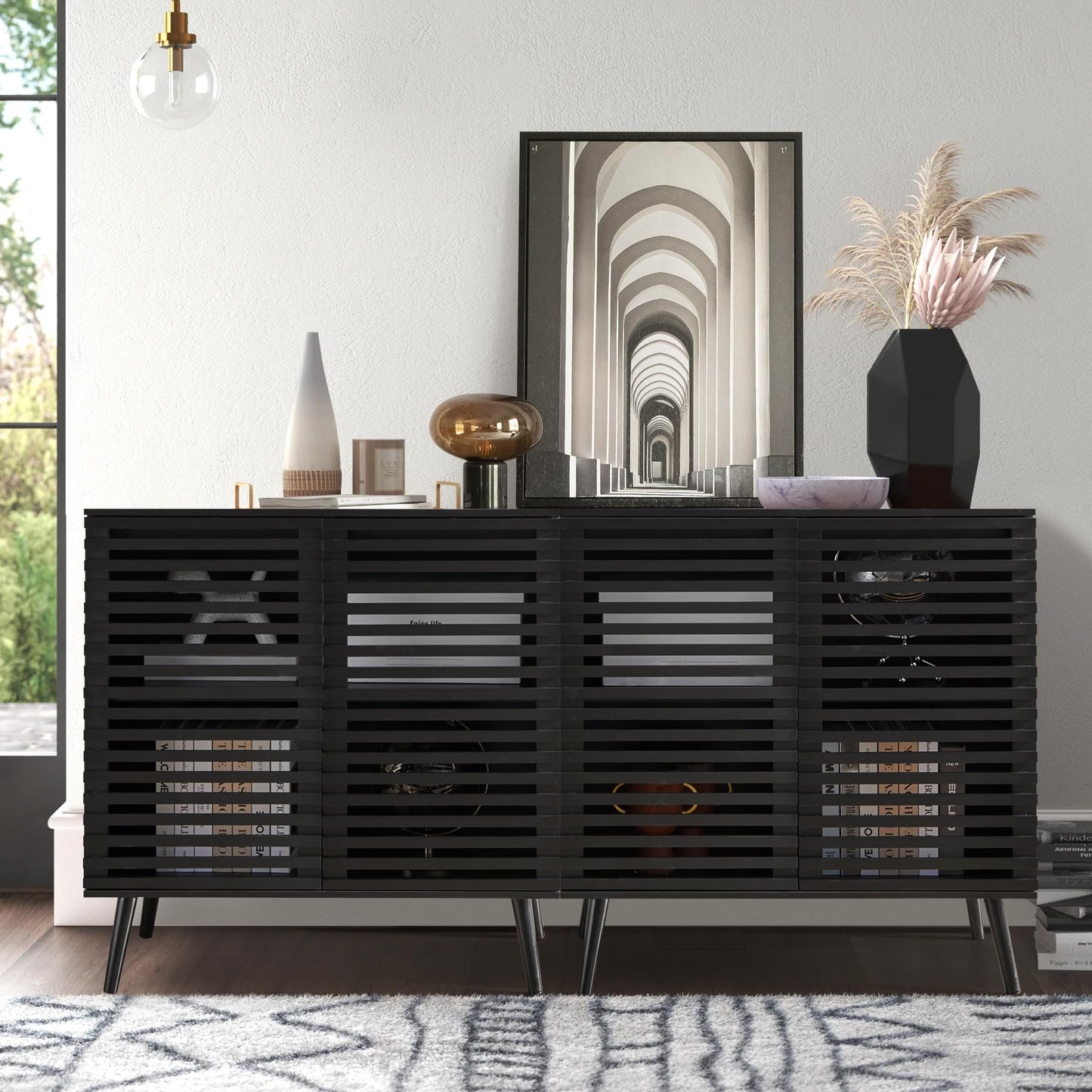 Smart FENDEE Modern Storage Cabinet with 2 Hollowed-Out Doors and 2-Tier Cupboard in Black,15.74"L