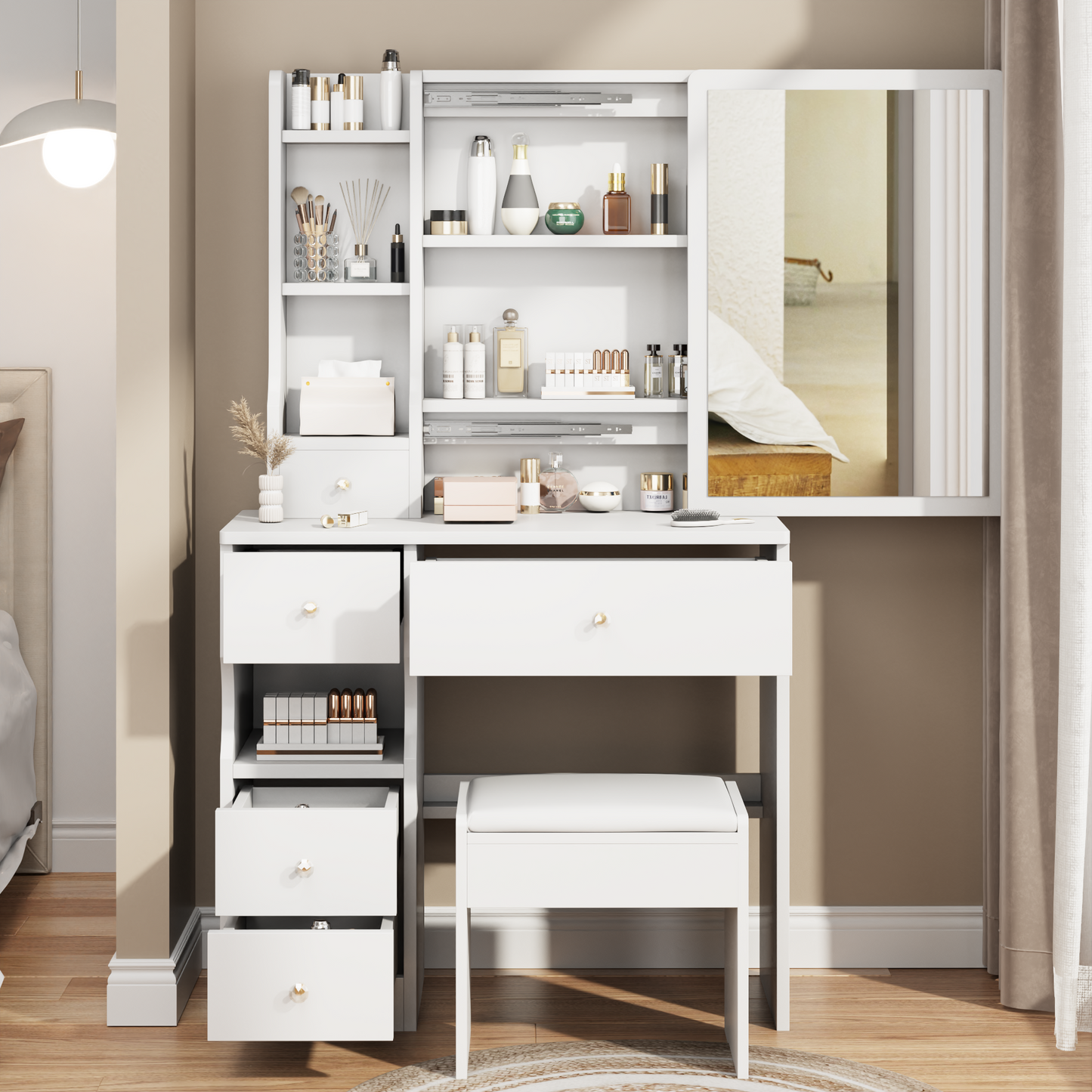 Semiocthome Modern Makeup Vanity Table and Cushioned Stool Set,Sliding Mirror and 4 Drawers