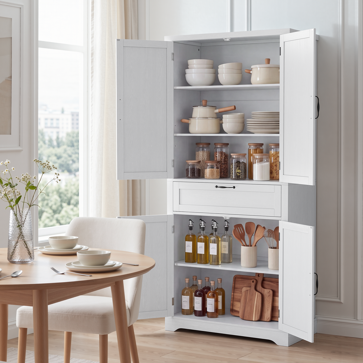 Smuxee Farmhouse Tall Kitchen Pantry Storage Cabinet with 4 Barn-Style Doors & Central Drawer for Kitchen, Dining Room, Living Room, Entryway