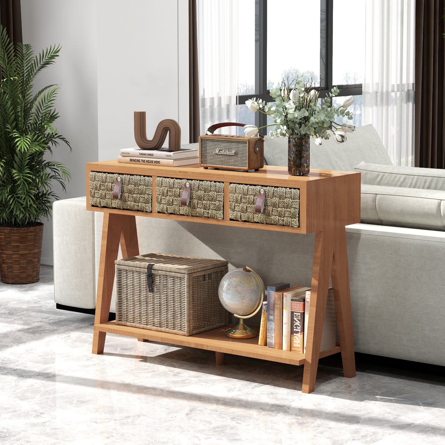 Smart FENDEE Console Table with 3 Drawers,Sofa Table Industrial Display Shelf for Entryway Brown