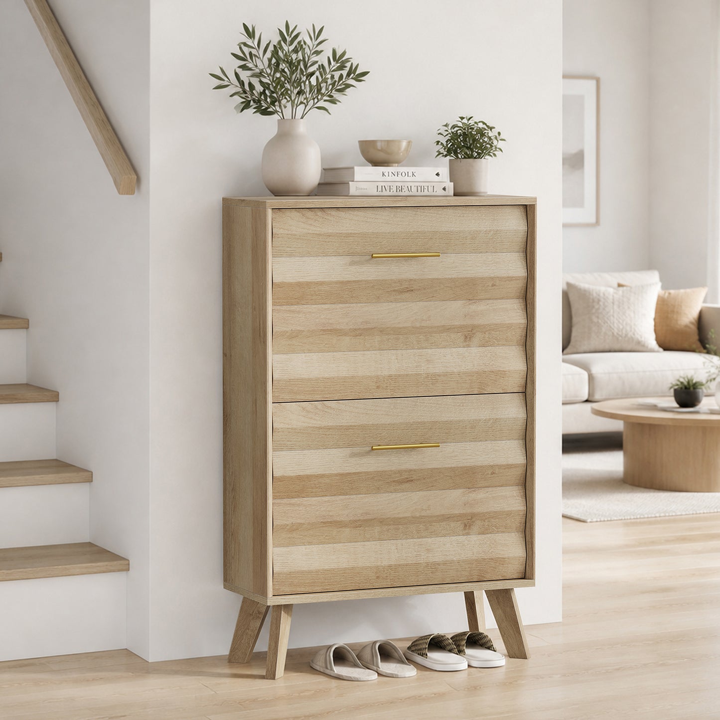 Semiocthome Mid-Century Shoe Cabinet, Shoe Storage with 2 Wavy Texture Drawers for Hallway, Natural