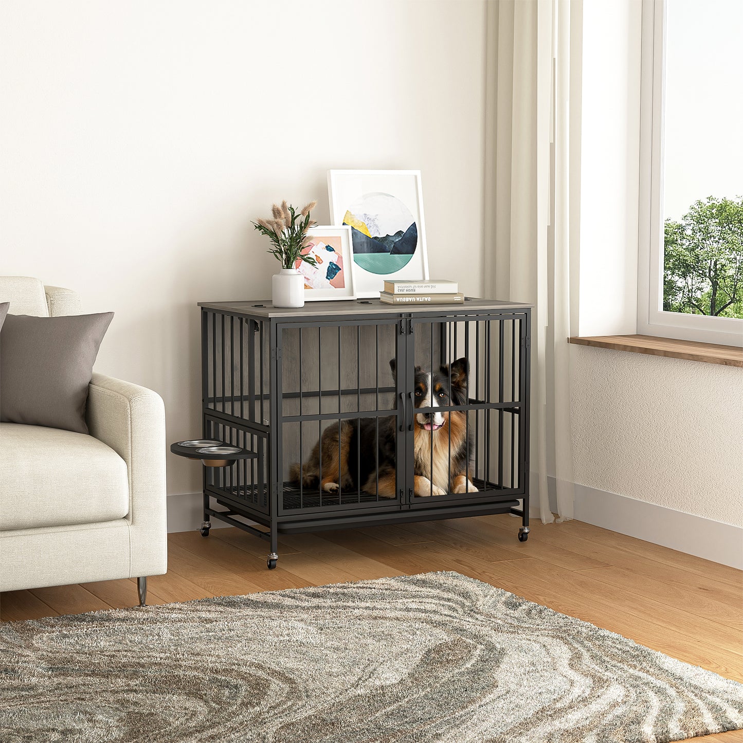 Smart FENDEE Modern Pet Kennel Dog Crate with Adjustable Feeding Bowls