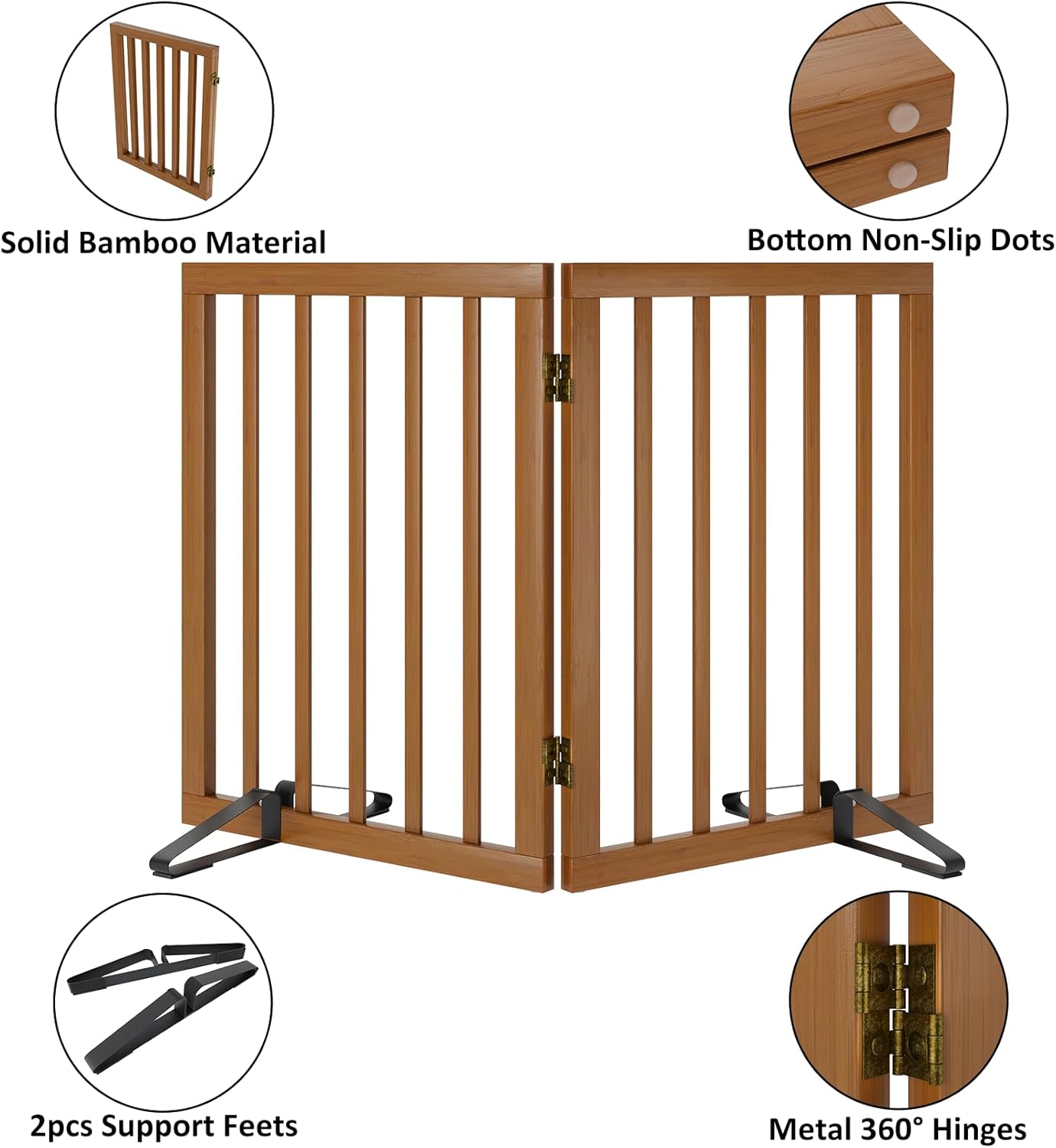 Smart FENDEE Bamboo Dog Gates for Doorways Freestanding Pet Gate, 2 Support Feet, 24"H, Walnut