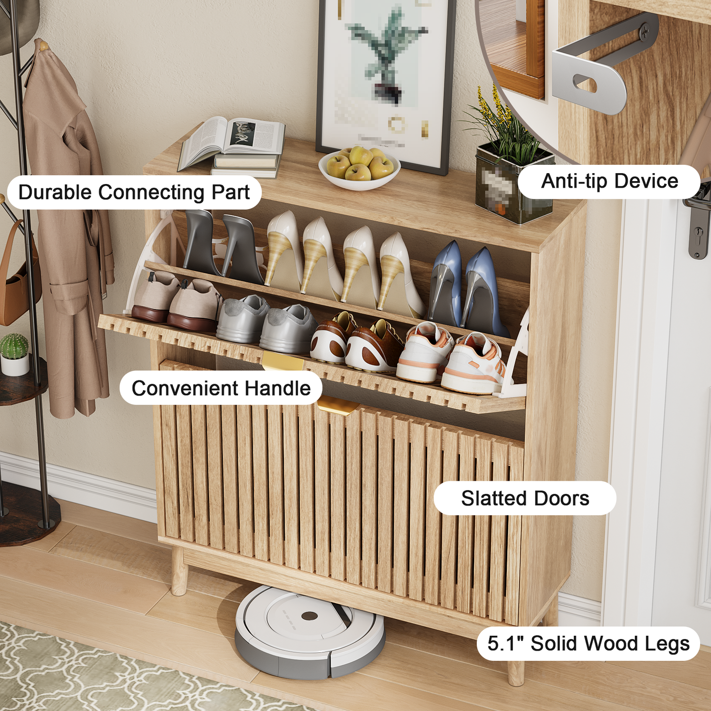 Algherohein 16-20 Pairs Shoe Storage Cabinet with Flip-Down Drawers,Freestanding Entryway Slim Shoe Cabinet, Walnut