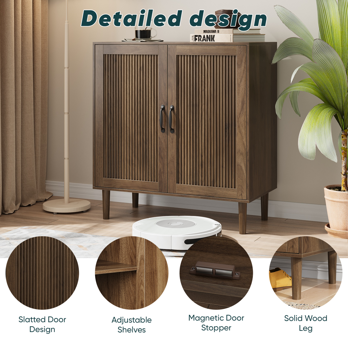 Semiocthome 31.5” Buffet Cabinet with 2 Doors and Adjustable Shelf, Gradien Fluted Design, Kitchen, Walnut