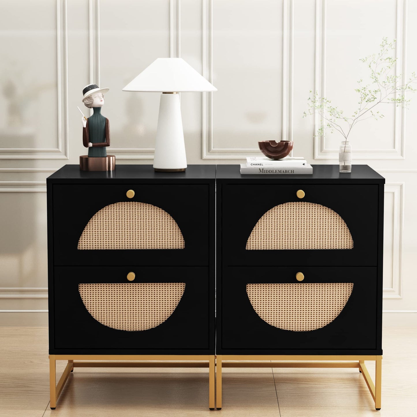 Smart FENDEE Wood Nightstand with 2 Rattan Drawers Bedside Table for Adult, Bedroom