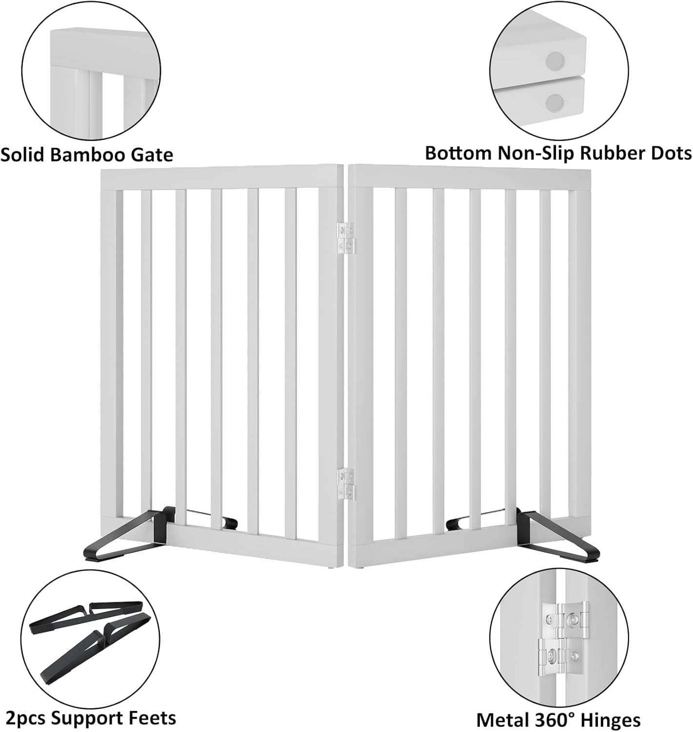 Smart FENDEE Bamboo Dog Gates for Doorways Freestanding Pet Gate, 2 Support Feet, 24"H, White