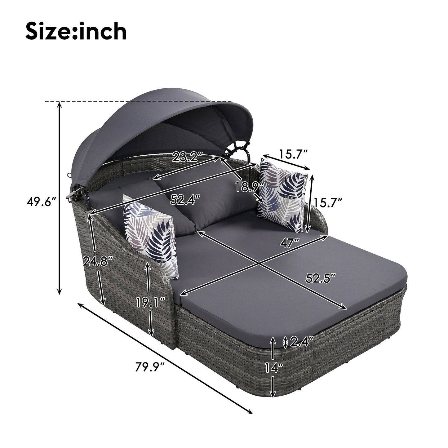 Algherohein PE Rattan Outdoor Daybed with Adjustable Canopy and Cushions,Patio Couch Bed