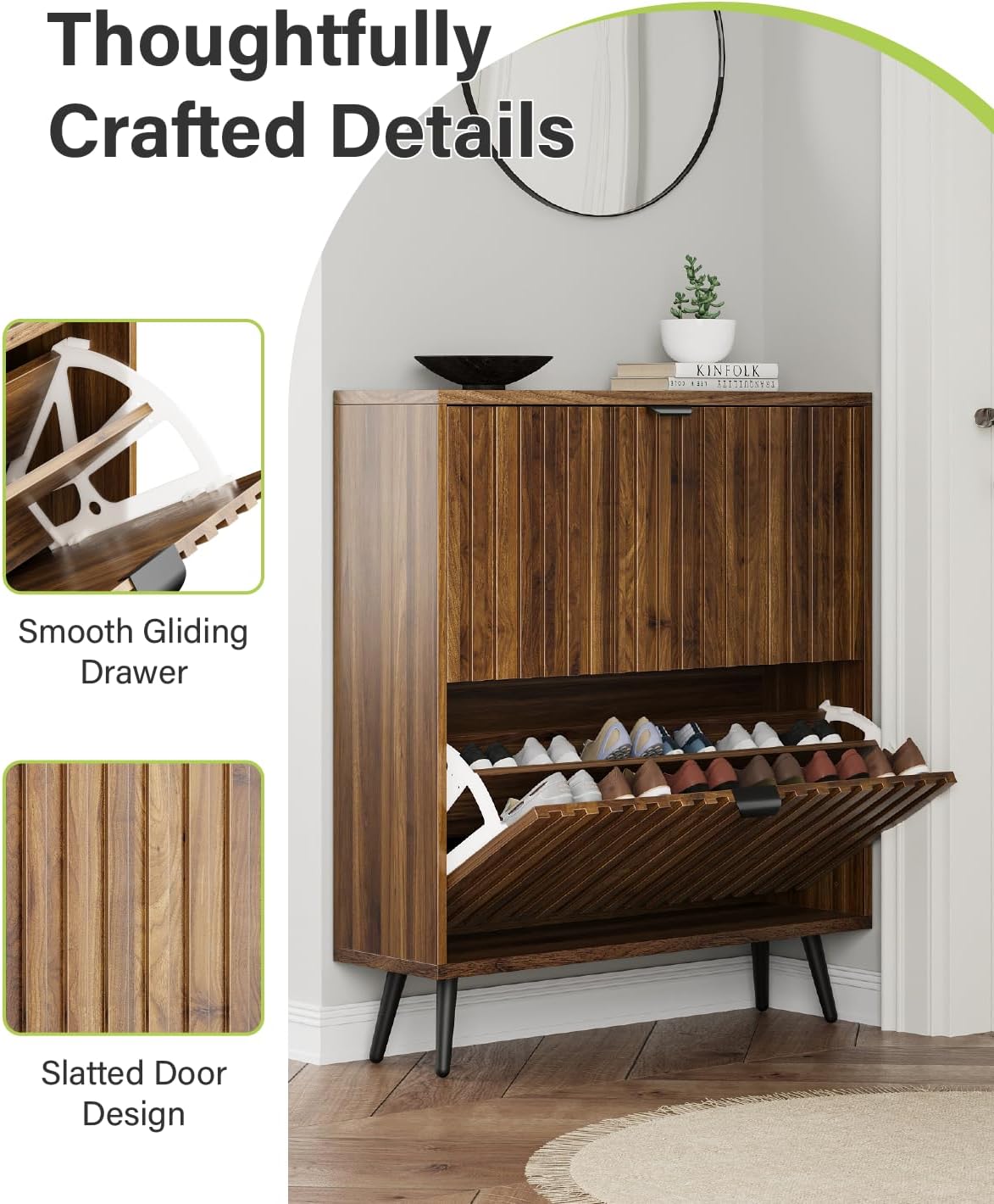 Smart FENDEE Shoe Cabinet with 2 Flip Drawers Freestanding Shoe Storage Cabinet for Entryway