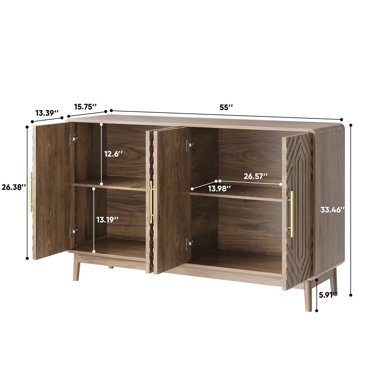 Semiocthome Sideboard with 4 Carved Door and Adjustable Shelf Coffee Bar Cabinet for Kitchen,Home,Walnut