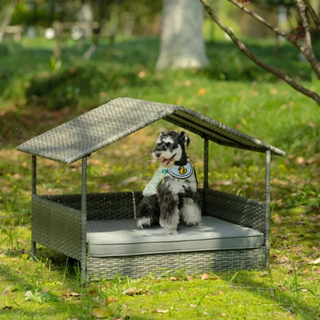 Smart FENDEE Rattan Dog Bed Pet Enclosures with Cushion for Patio, Waterproof