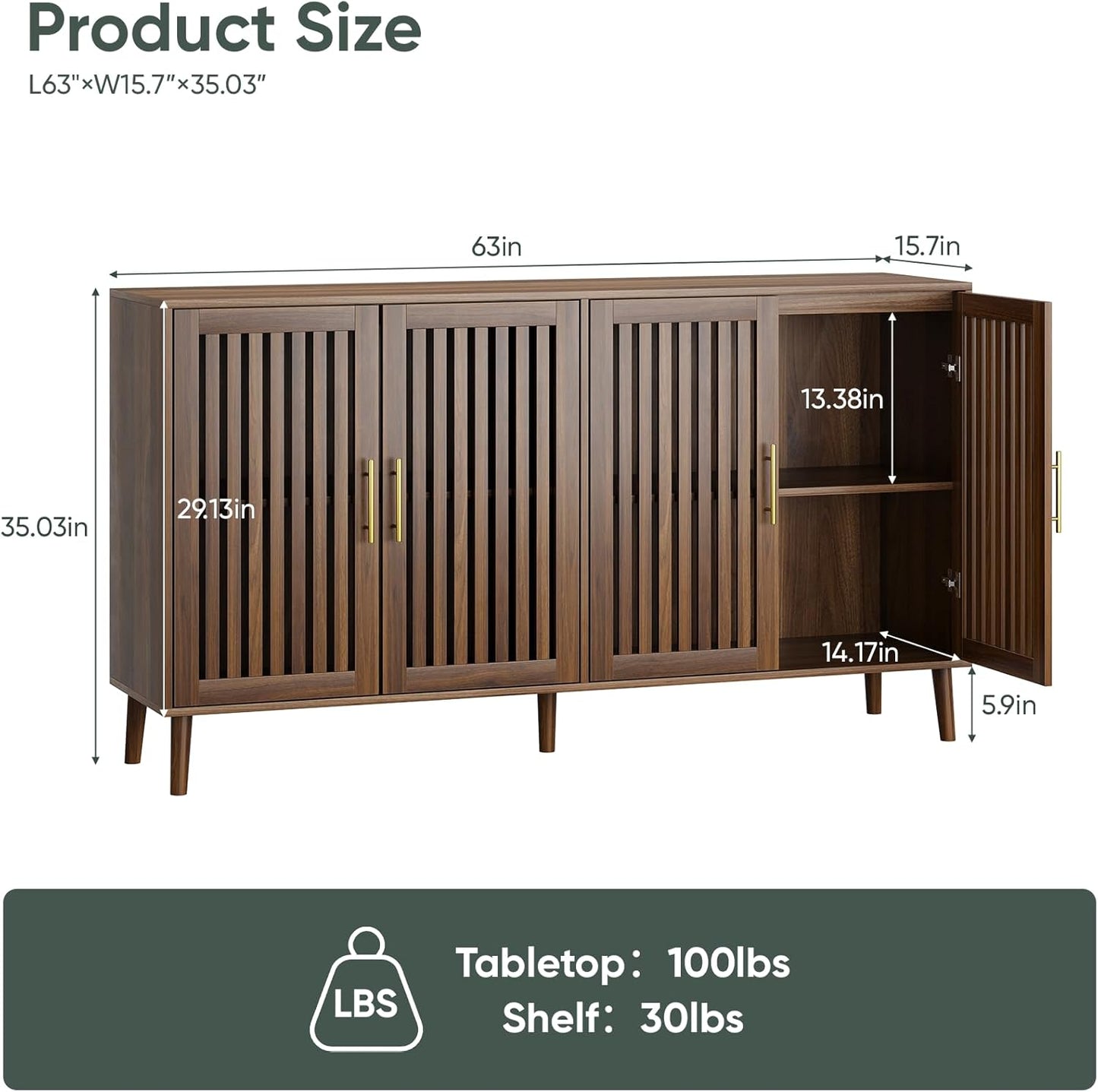 Smart FENDEE 63"W Sideboard Storage Cabinet with Slatted Doors and Adjustable Shelf,Dining Room,Walnut
