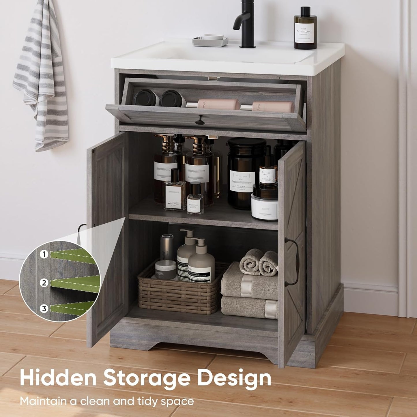 Smart FENDEE 22.83" Bathroom Vanity with Sink, Storage Cabinet with Barn Door & Drawer, Grey