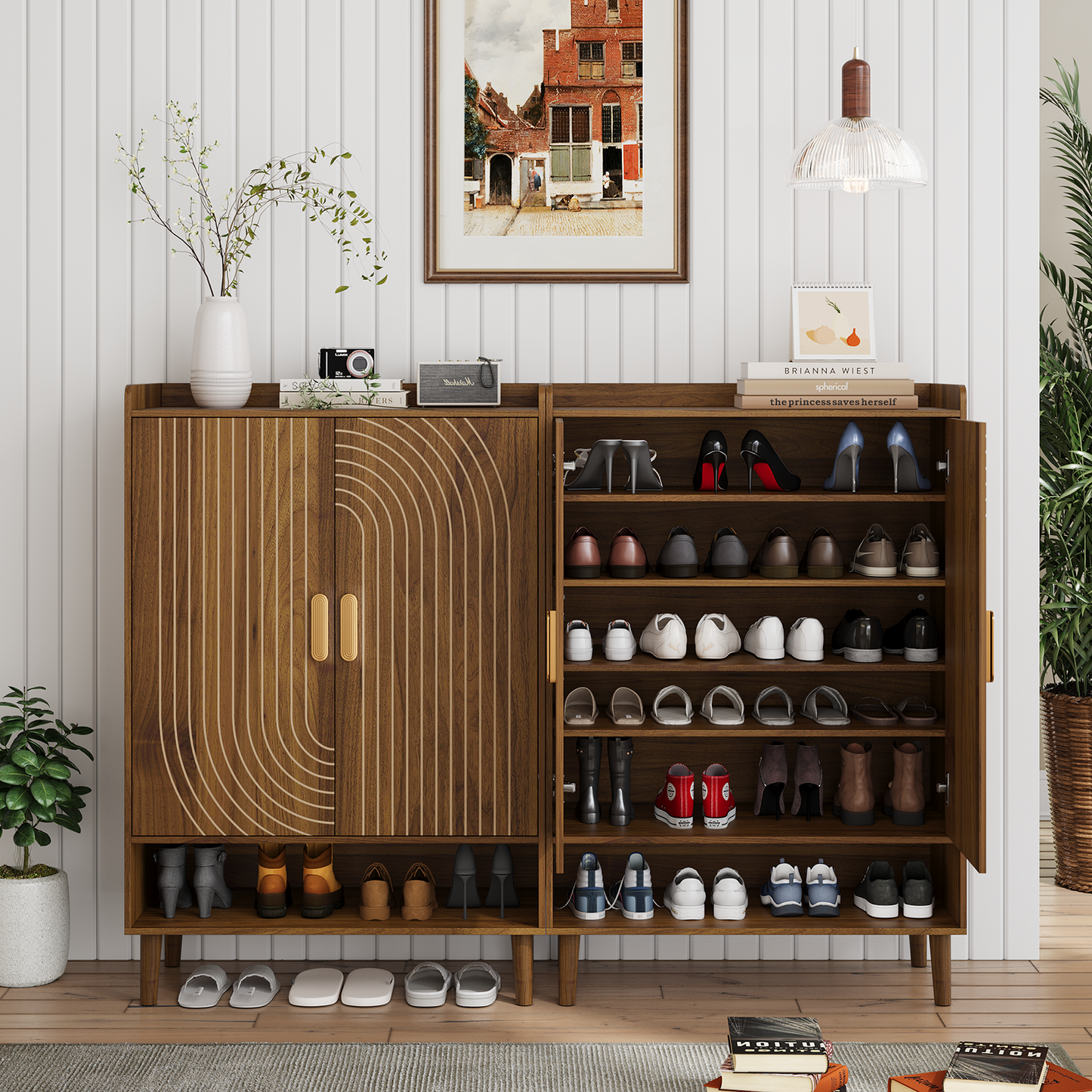 Semiocthome 6-Tier Shoe Cabinet with Line Groove Design and Adjustable Shelves for Entryway, Walnut