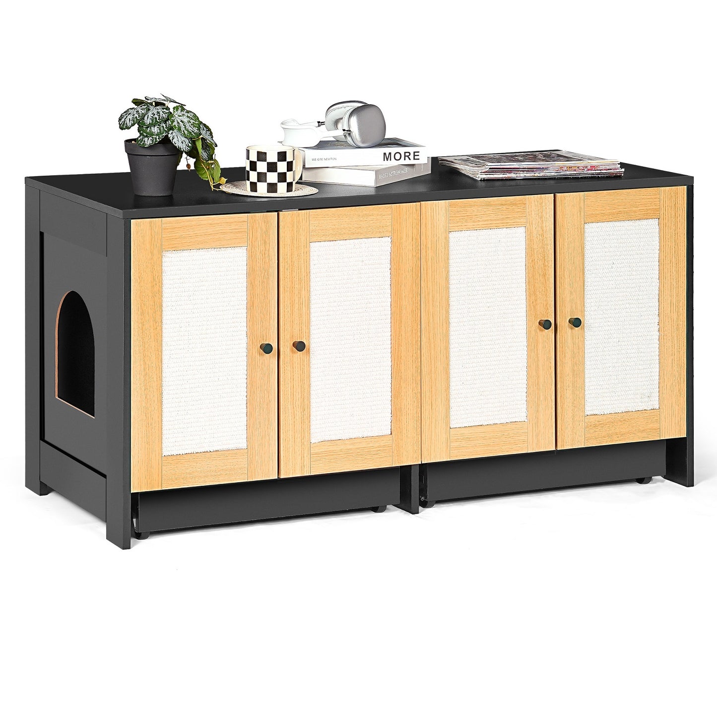 Algherohein Rattan Cat Litter Box Furniture,Litter Box Enclosure for 2 Cats,Black
