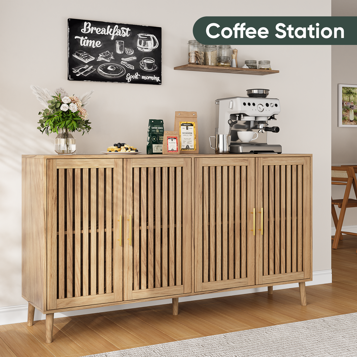 Smart FENDEE 63"W Sideboard Storage Cabinet with Slatted Doors and Adjustable Shelf,Dining Room,Natural