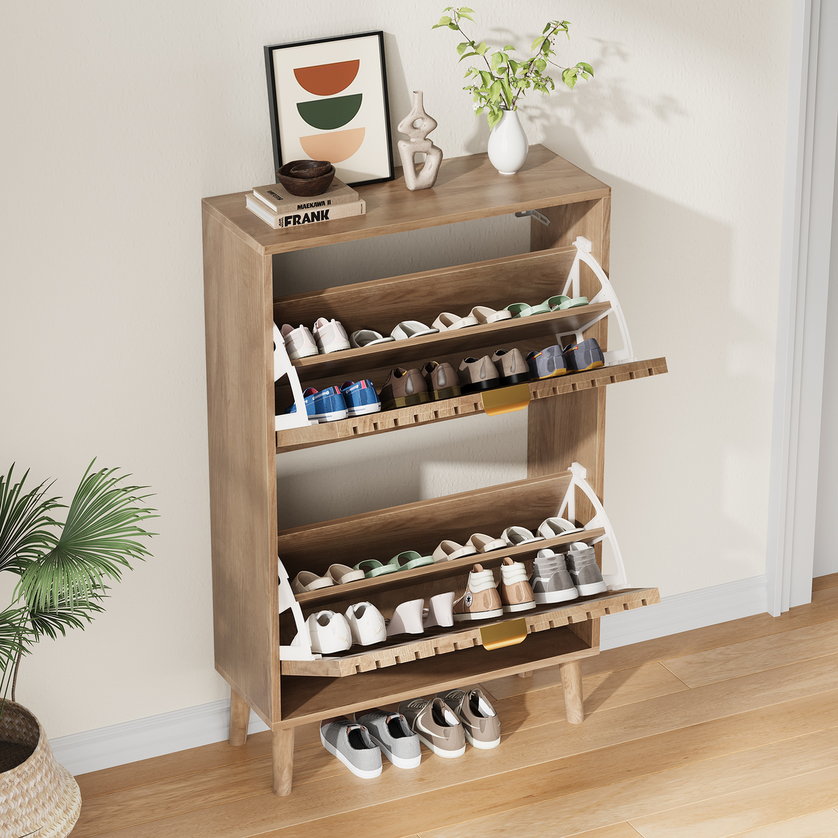 Semiocthome 23.6" Shoe Cabinet, Shoe Storage Cabinet with 2 Flip Drawers, Ventilated Grille Design,Tall Legs, Entryway, Natural