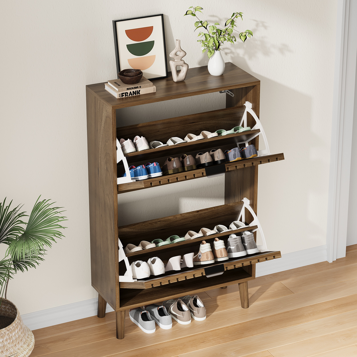 Semiocthome 23.6" Shoe Cabinet, Shoe Storage Cabinet with 2 Flip Drawers, Ventilated Grille Design,Tall Legs,Entryway, Walnut