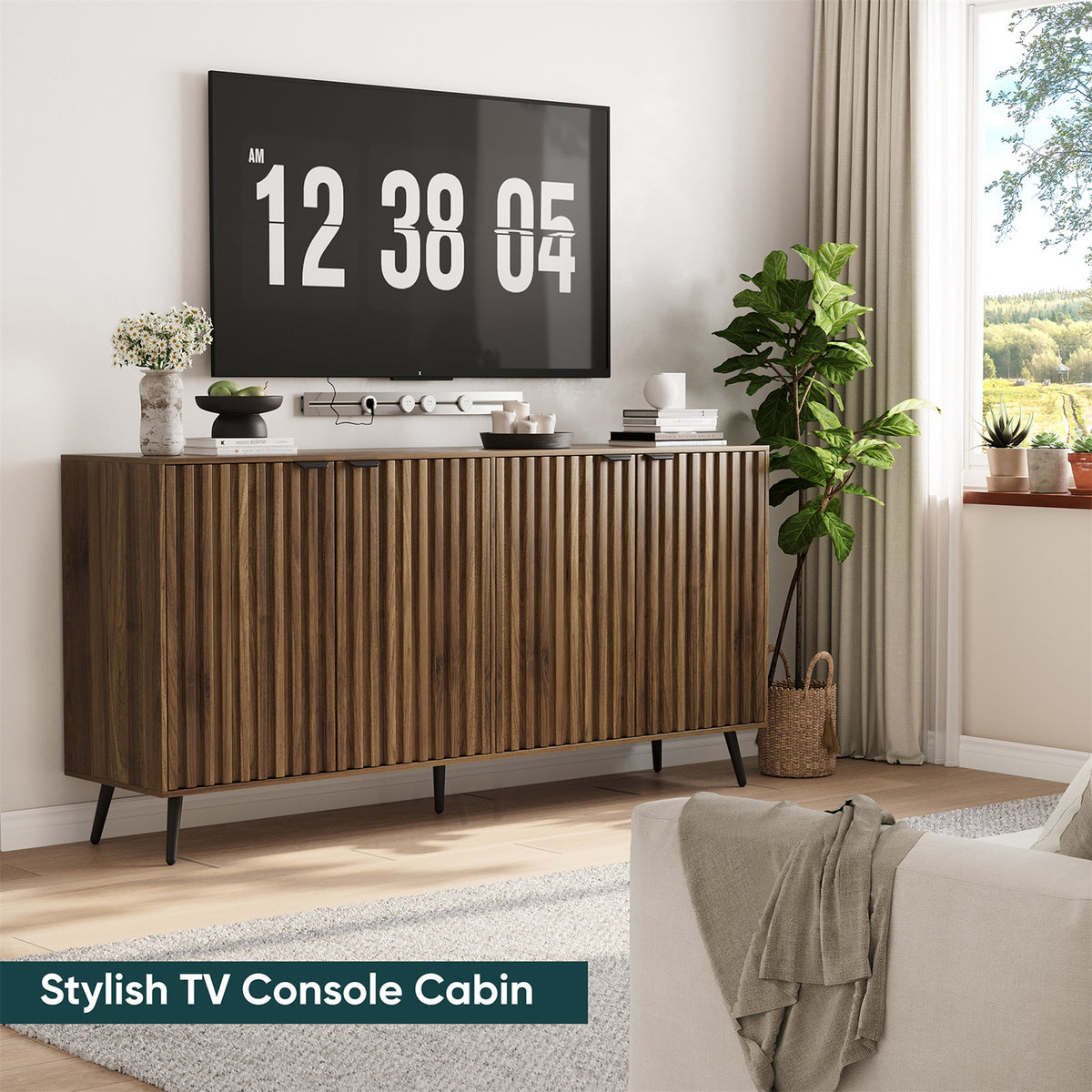 Semiocthome Sideboard Storage Cabinet with 4 Fluted Doors and 2 Shelves, Kitchen, Dining Room, Walnut