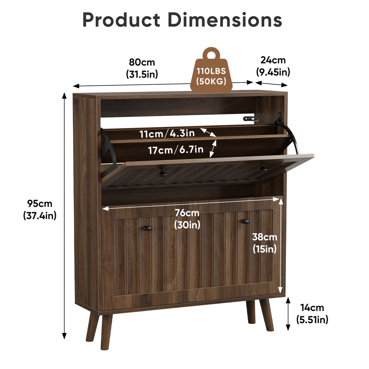 Semiocthome 31.5" Shoe Cabinet with 2 Flip Drawers, Farmhouse Shoe Rack for Entryway ,Walnut