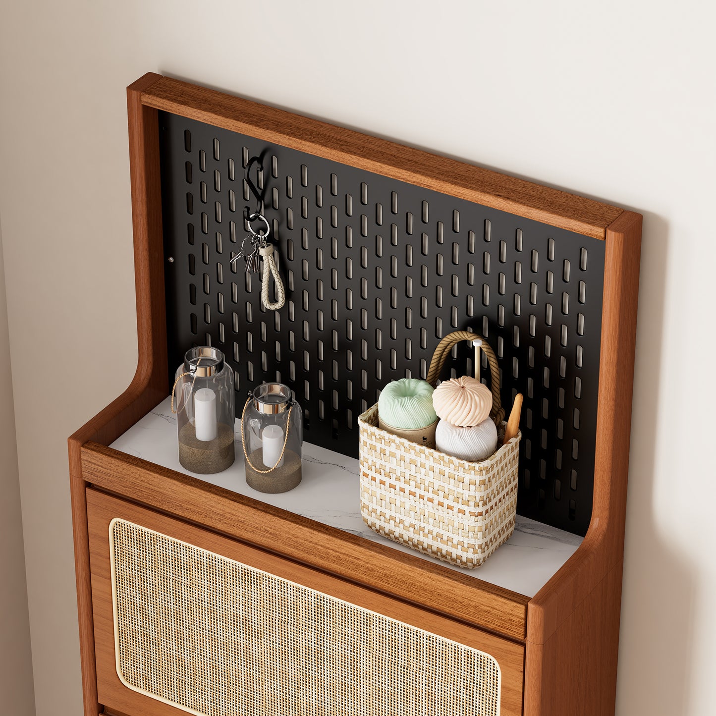 Smart FENDEE Modern Shoe Cabinet with Flip Drawer and Black Pegboard Shoe Rack for Entryway,Walnut