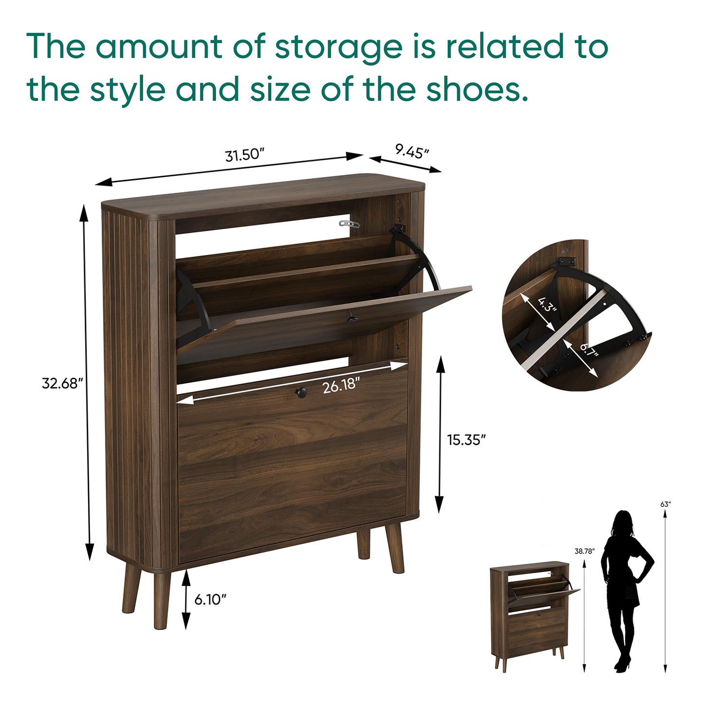 Semiocthome 31.5" Shoe Cabinet with 2 Flip Drawers, Curved Edge and Grille Stripe, Entryway, Walnut