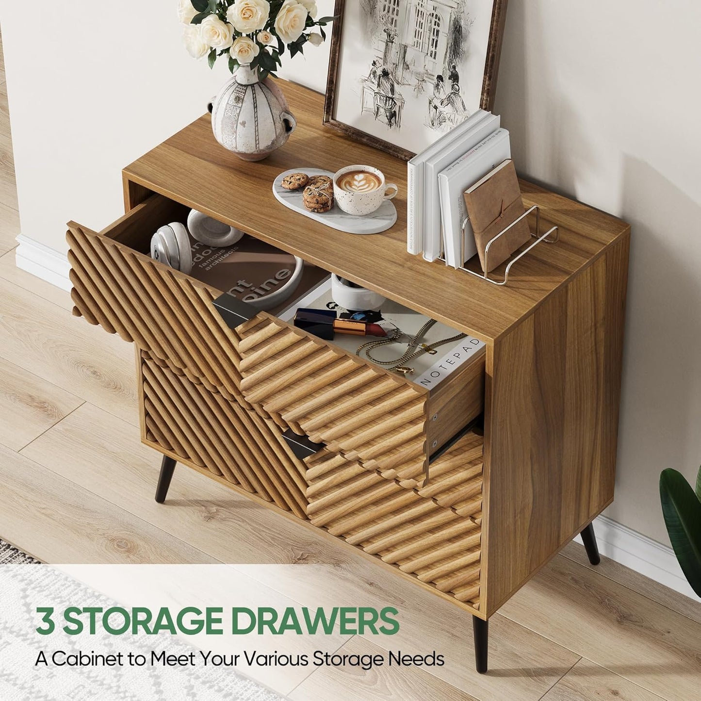 Semiocthome Modern 3 Drawer Dresser, Chest of Drawers with Diamond Doors for Bedroom, Walnut, Adult