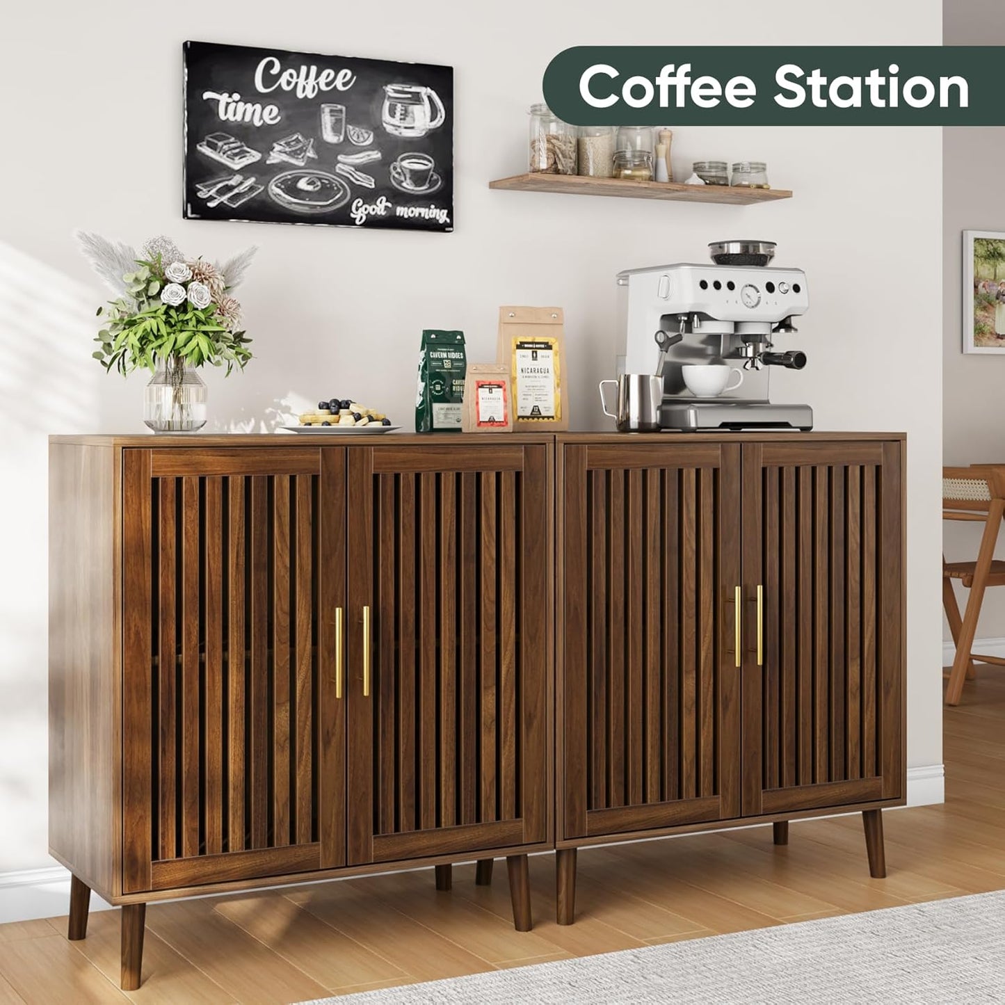 Smart FENDEE 31.5"W Sideboard Storage Cabinet with Slatted Doors and 1 Adjustable Shelf, Walnut
