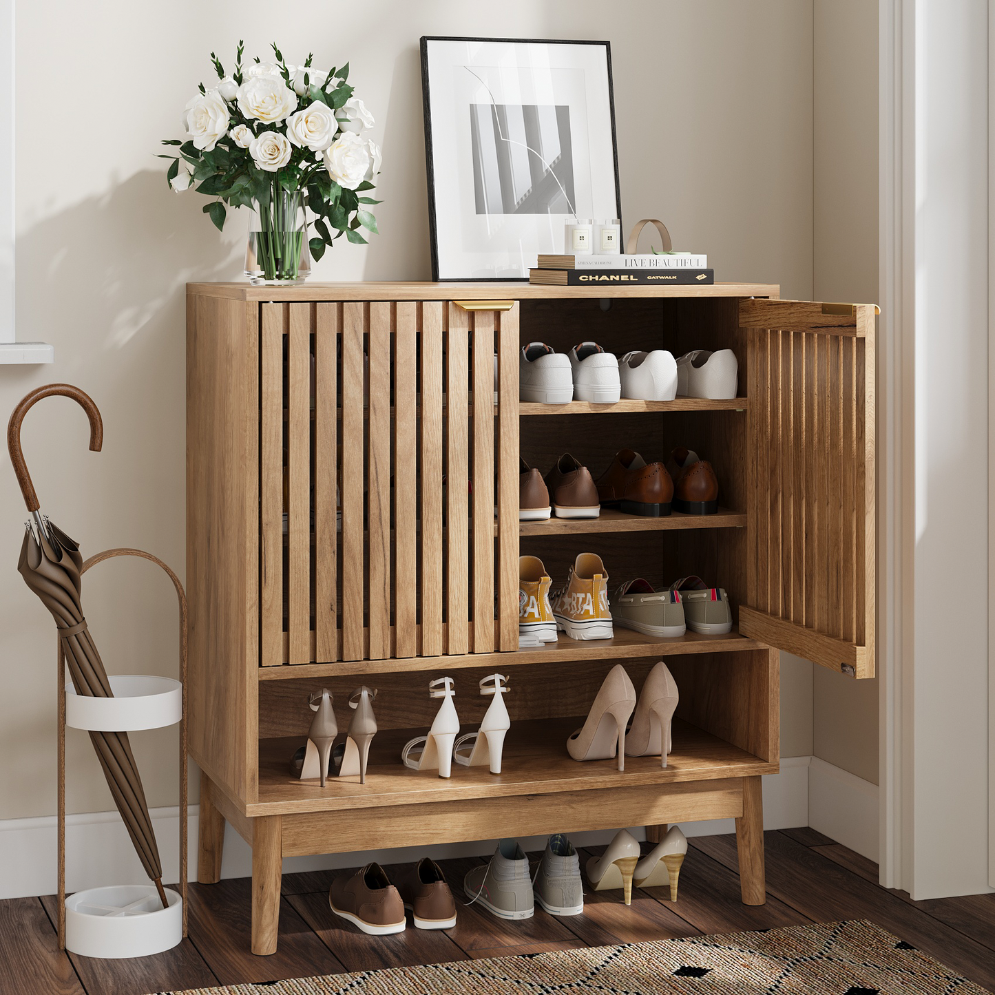 Algherohein Shoe Cabinet with Doors,7-Tier Shoe Storage Cabinet with with Adjustable Shelves,20-24 Pair Shoe Organizer for Entryway,Living Room,Front Door & Hallway,Oak
