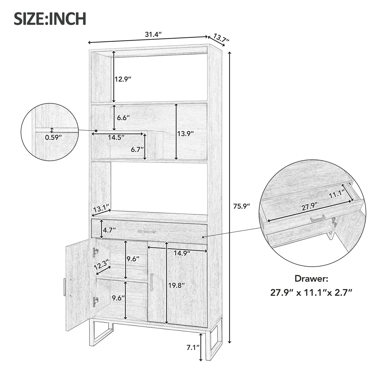 Semiocthome 75.9" Wooden Bookcase with Storage Doors and drawer Display Rack for Living Room,Brown