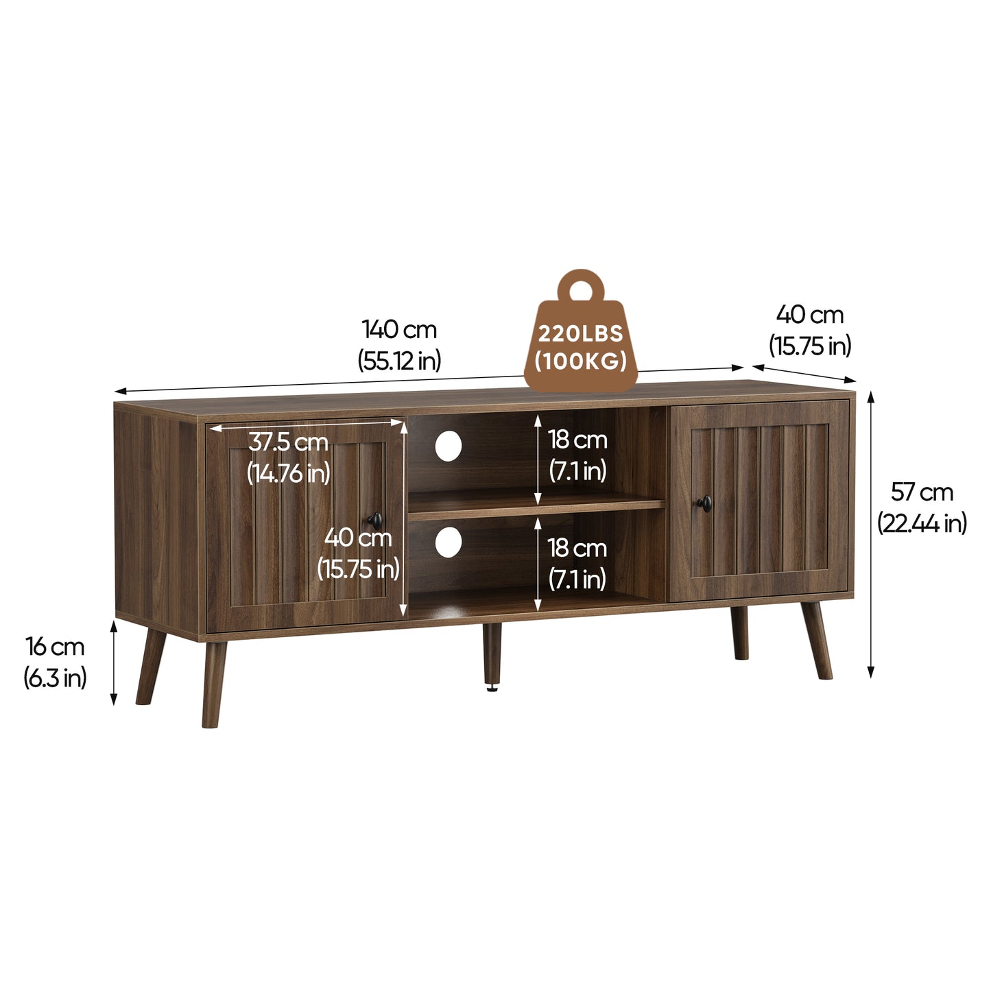 Semiocthome Mid-Century Walnut TV Stand with 2 Vertical Groove Doors, Media Console for Living Room