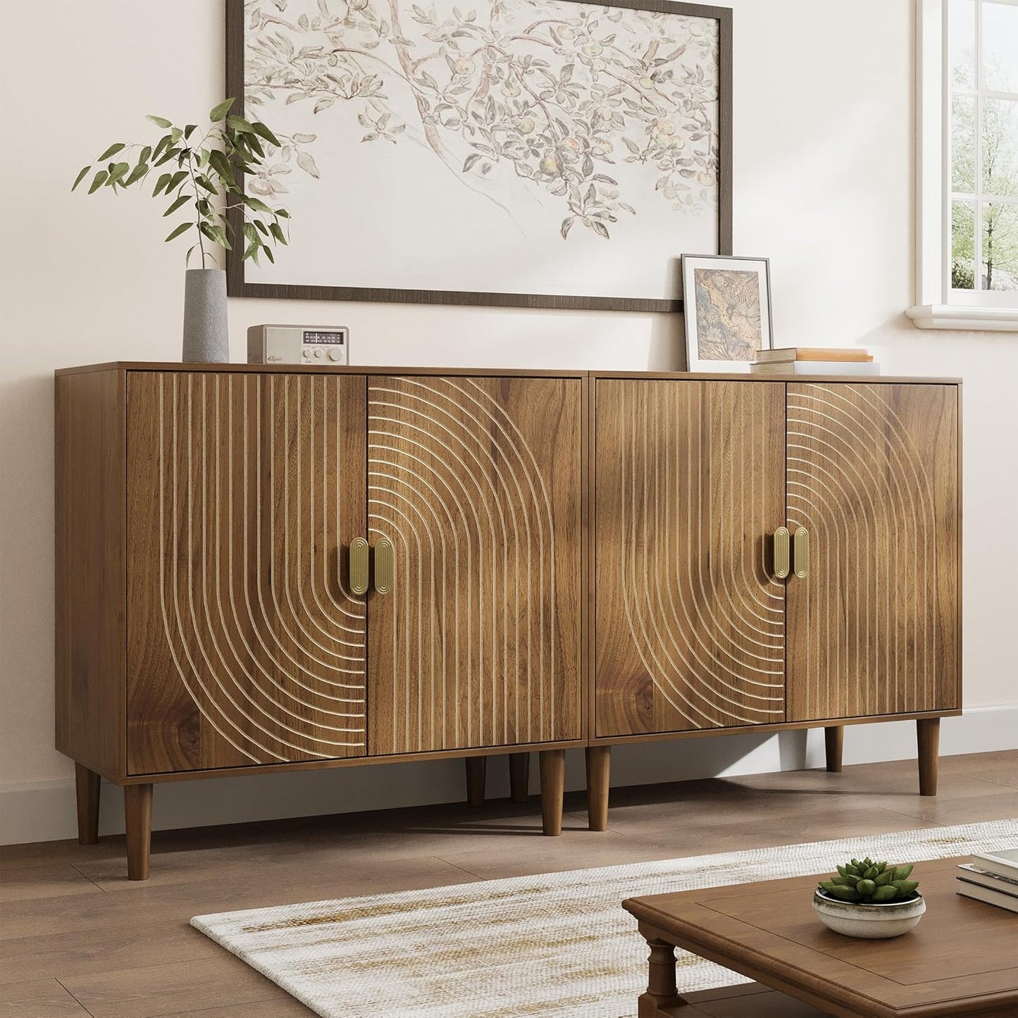 Semiocthome Sideboard Buffet Cabinet with Adjustable Shelf, Line Groove Door,Kitchen,Walnut