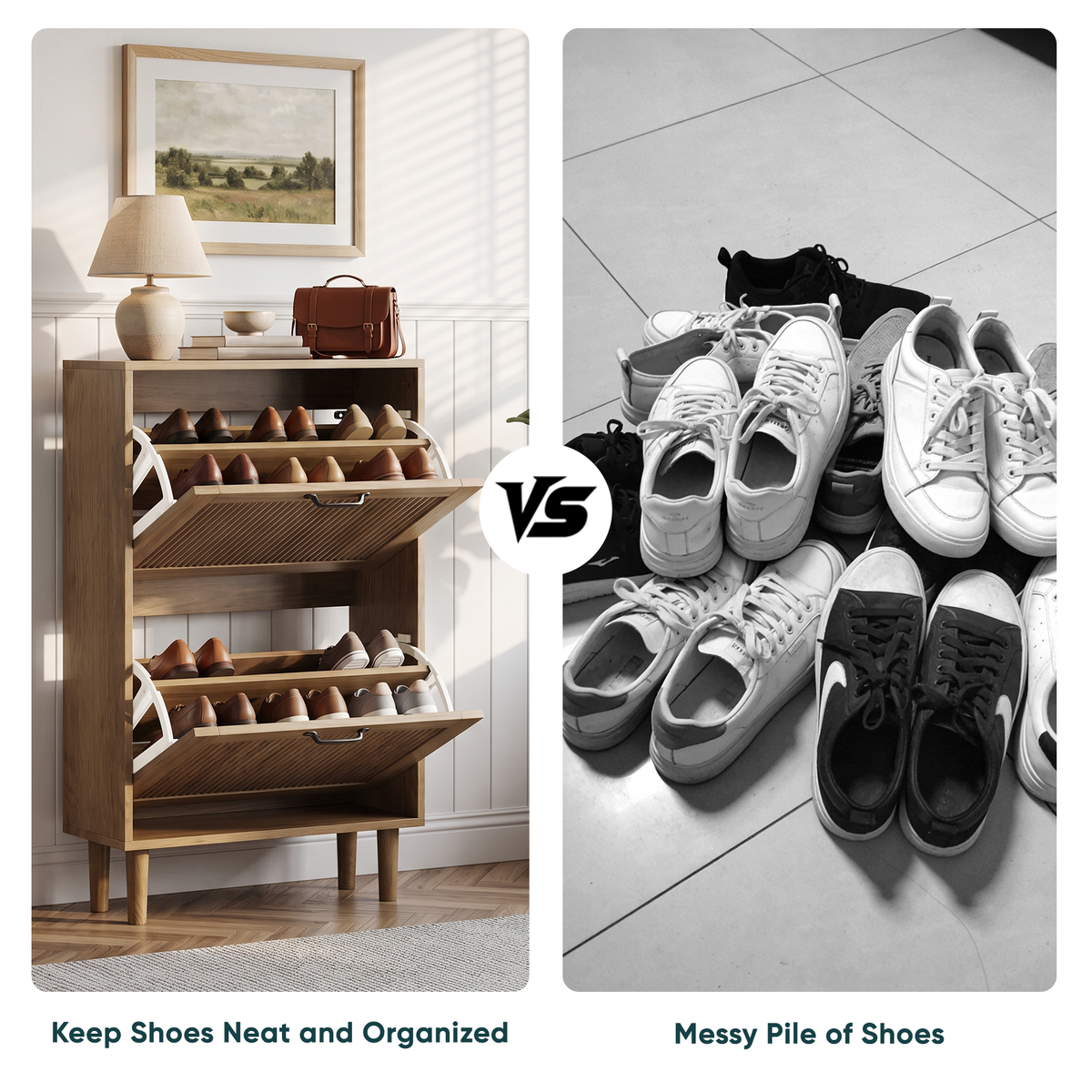 Semiocthome 23.6" Shoe Cabinet with 2 Flip Drawers, Small Fluted Doors, Shoe Storage Cabinet for Entryway,Natural