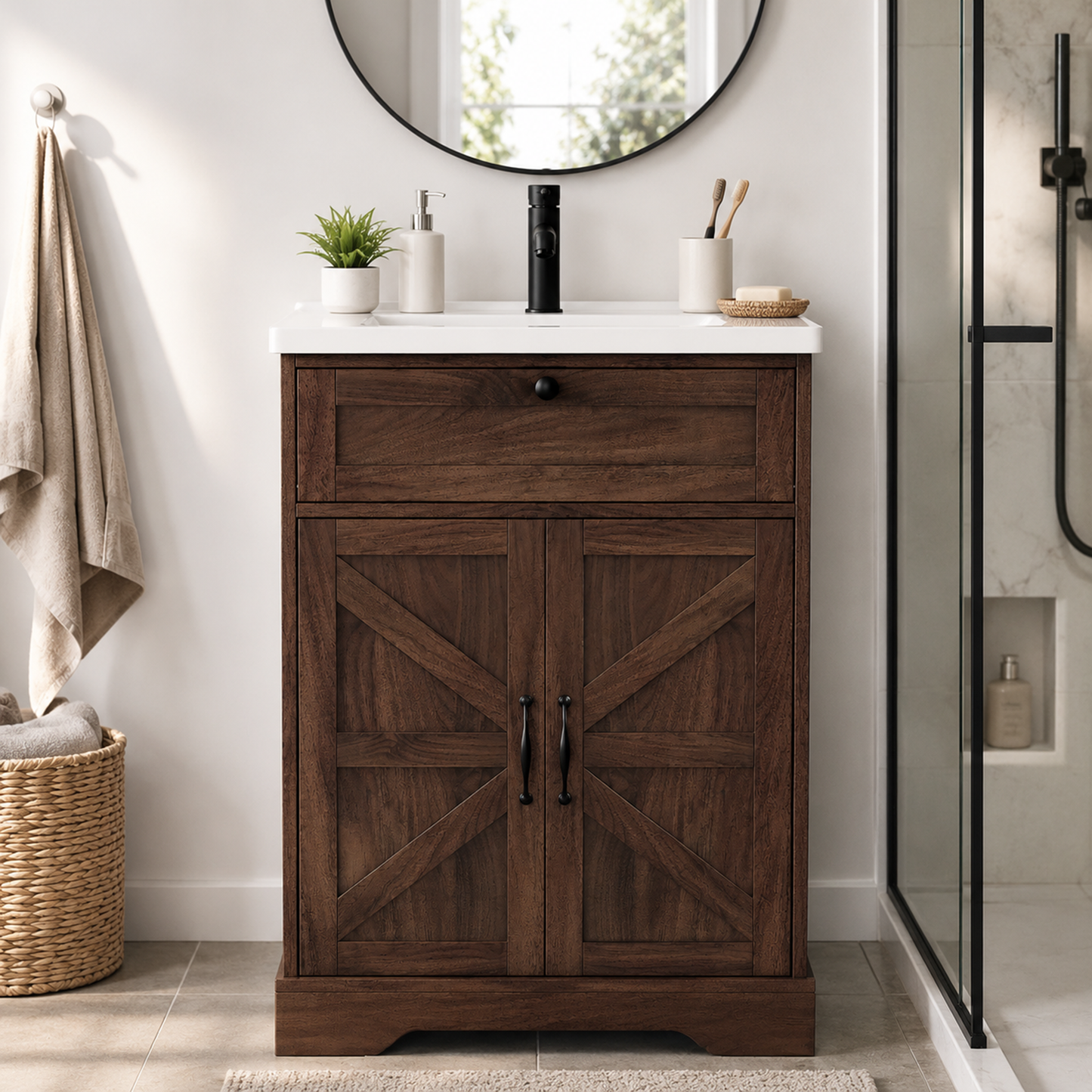 24" Bathroom Vanity with Ceramic Sink, Freestanding Bathroom Storage Cabinet with Barn Door and Flip-Down Drawer, Walnut