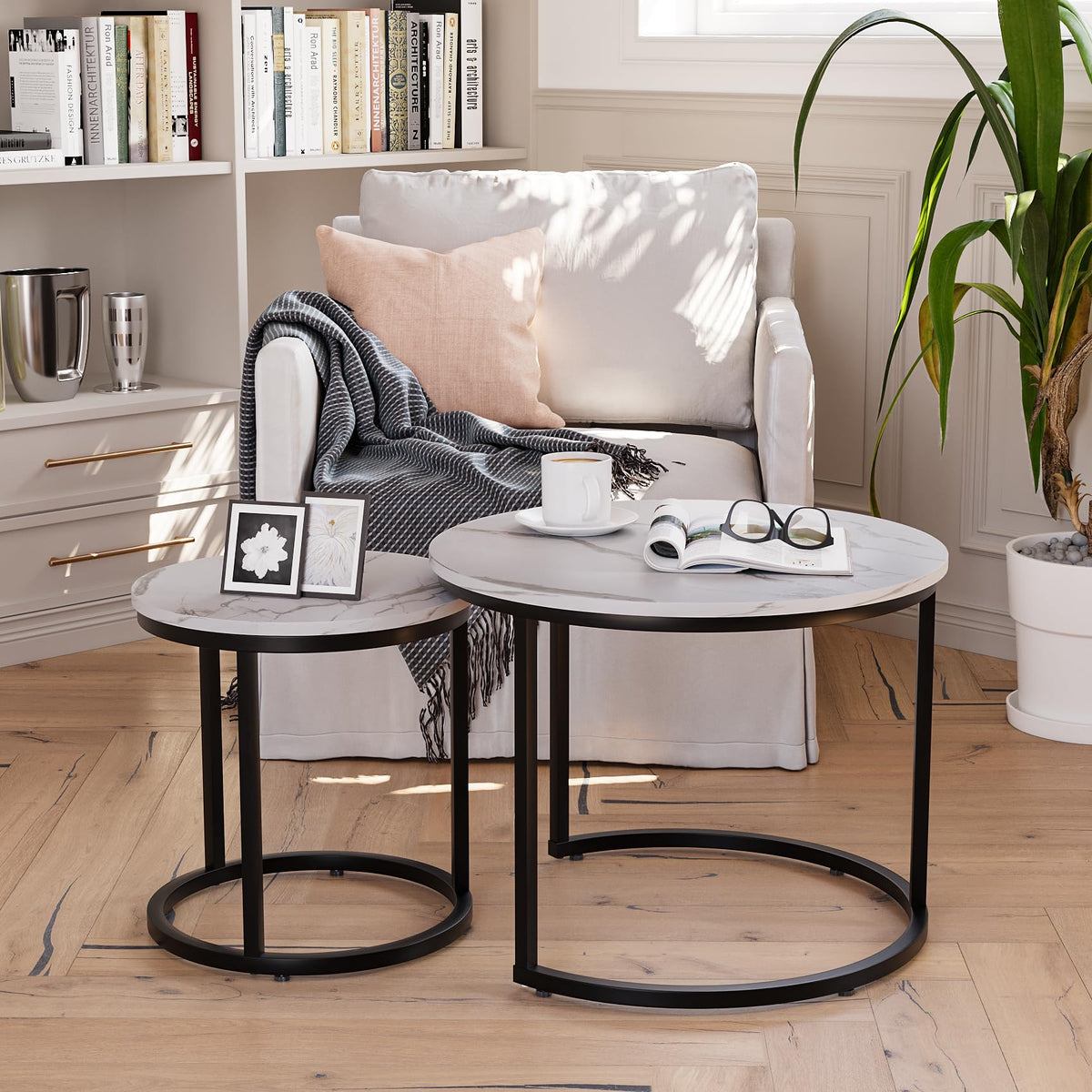 Semiocthome Modern Nesting Coffee Table Set,End Table for Living Room, 23.6" W, White,Marble Pattern