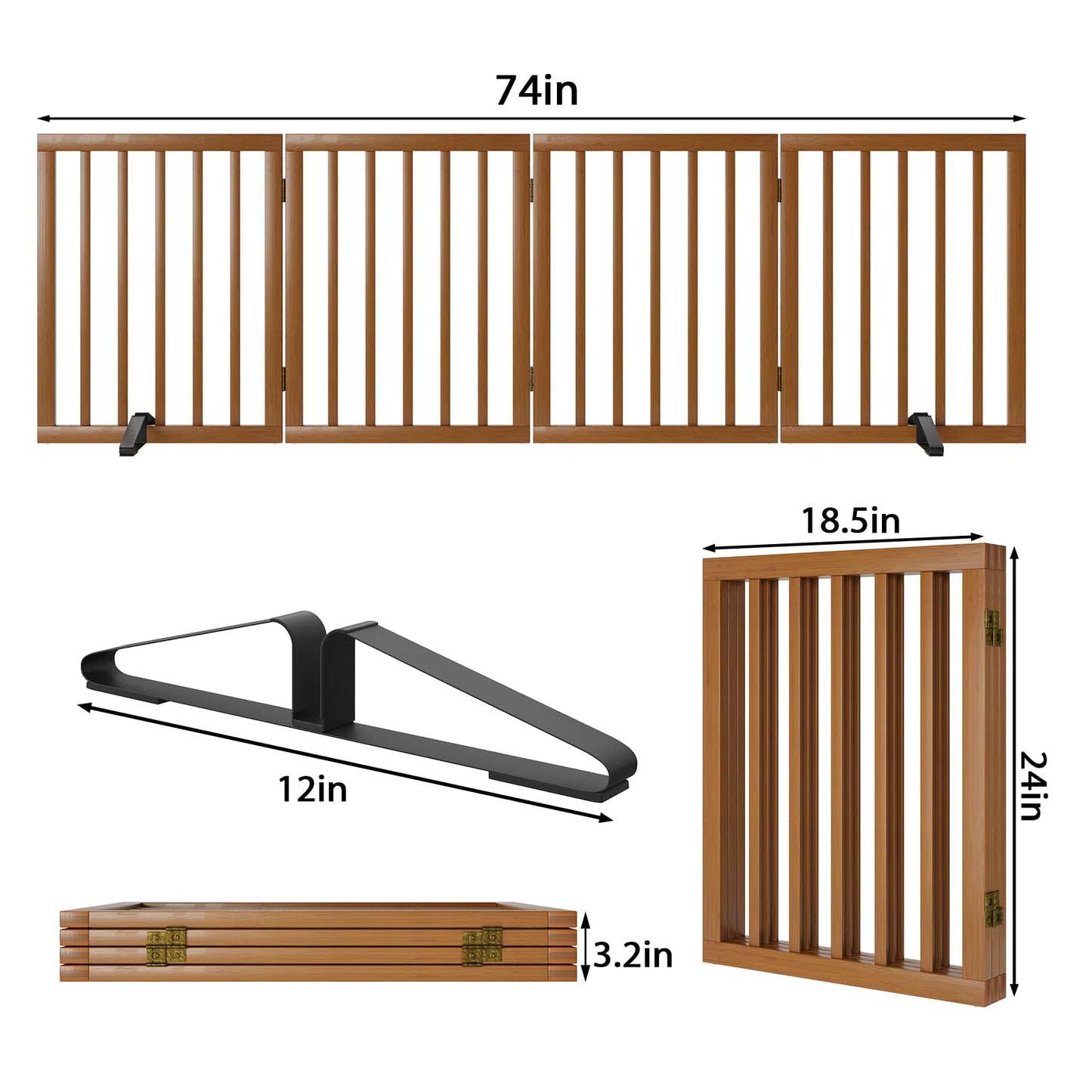Smart FENDEE Bamboo Dog Gate Freestanding Pet Gate with 2 Support Feet for Doorways,Walnut,24"H,4 Panel